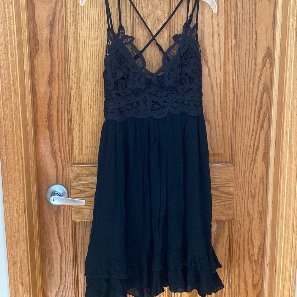 Black summer dress • lace accent on chest • ruffle trim